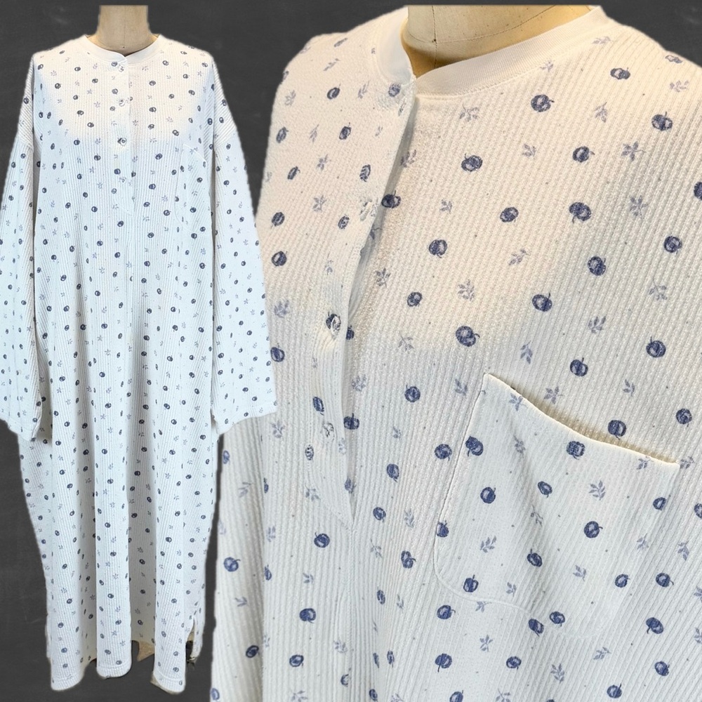 VINTAGE cozy cotton maxi nightgown long sleeve blue Apple leaf‎ plus size 90s 3X